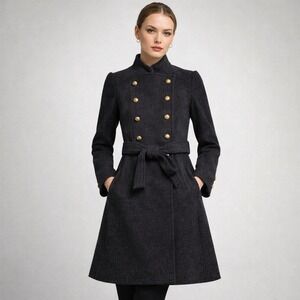 Mixed Brazil Military‎ Wool Coat Gray Double Breasted Belted Women 40